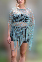 Load image into Gallery viewer, Purple, Teal & Green Crochet Poncho - Diagonal Poncho with fringe