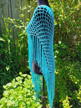 Load image into Gallery viewer, Ocean Blue Poncho - Diagonal Crochet Poncho with fringe