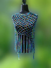 Load image into Gallery viewer, Purple, Teal & Green Crochet Poncho - Diagonal Poncho with fringe