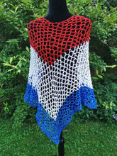Load image into Gallery viewer, Red, White and Blue Diagonal Crochet Poncho