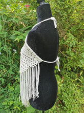 Load image into Gallery viewer, 1970's White Granny Square Crop Top with Fringe, White Beach Top, Crochet Festival Top