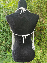 Load image into Gallery viewer, 1970's White Granny Square Crop Top with Fringe, White Beach Top, Crochet Festival Top