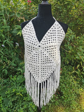 Load image into Gallery viewer, 1970&#39;s White Granny Square Crop Top with Fringe, White Beach Top, Crochet Festival Top
