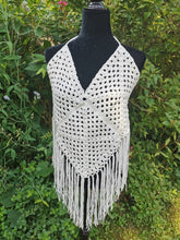 Load image into Gallery viewer, 1970's White Granny Square Crop Top with Fringe, White Beach Top, Crochet Festival Top