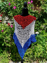 Load image into Gallery viewer, Red, White and Blue Diagonal Crochet Poncho