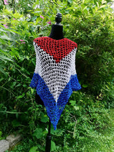 Load image into Gallery viewer, Red, White and Blue Diagonal Crochet Poncho