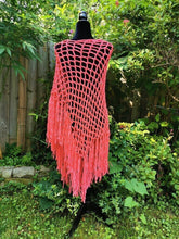 Load image into Gallery viewer, Peach Ribbon Diagonal Crochet Poncho
