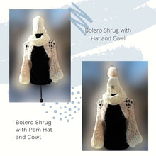 Load image into Gallery viewer, Soft Cocoon Shrug Set, Off White, Hygge Bolero Set, Beige Shrug, Hat & Cowl Set