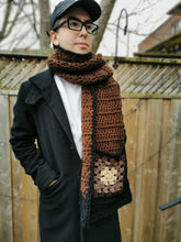 Load image into Gallery viewer, Brown Scarf for Him, Granny Square Scarf, Unisex Scarf, Scarf with Pockets