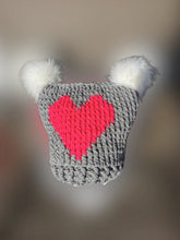 Load image into Gallery viewer, Chunky Hat with Heart, XL Adult Hat, Handmade crochet Heart Hat with Pompoms