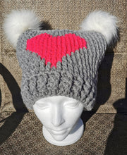 Load image into Gallery viewer, Chunky Hat with Heart, XL Adult Hat, Handmade crochet Heart Hat with Pompoms