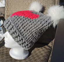 Load image into Gallery viewer, Chunky Hat with Heart, XL Adult Hat, Handmade crochet Heart Hat with Pompoms