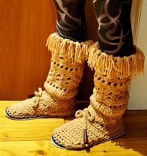 Load image into Gallery viewer, Vintage Boots, Boho Boots with fringe, Coachella Boots, Pixie Boots, Tall Moccasins