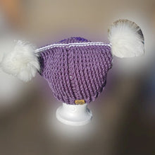 Load image into Gallery viewer, Chunky Hat with Purple Heart, Large Adult Hat, Handmade crochet Heart Hat with Pompoms