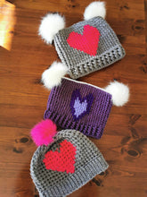 Load image into Gallery viewer, Chunky Hat with Purple Heart, Large Adult Hat, Handmade crochet Heart Hat with Pompoms