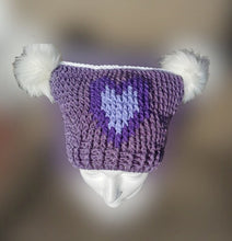 Load image into Gallery viewer, Chunky Hat with Purple Heart, Large Adult Hat, Handmade crochet Heart Hat with Pompoms