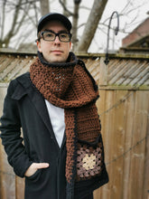 Load image into Gallery viewer, Brown Scarf for Him, Granny Square Scarf, Unisex Scarf, Scarf with Pockets
