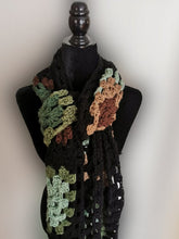 Load image into Gallery viewer, Long Green and Brown Scarf, Unisex Granny Square Scarf, Long Crochet Scarf