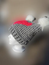 Load image into Gallery viewer, Chunky Hat with Heart, XL Adult Hat, Handmade crochet Heart Hat with Pompoms