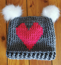 Load image into Gallery viewer, Chunky Hat with Heart, XL Adult Hat, Handmade crochet Heart Hat with Pompoms