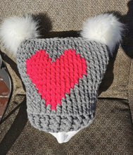 Load image into Gallery viewer, Chunky Hat with Heart, XL Adult Hat, Handmade crochet Heart Hat with Pompoms
