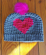 Load image into Gallery viewer, Chunky Hat with Heart, Large Adult Hat, Handmade crochet Heart Hat with Pompom