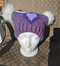 Load image into Gallery viewer, Chunky Hat with Purple Heart, Large Adult Hat, Handmade crochet Heart Hat with Pompoms