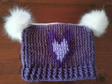 Load image into Gallery viewer, Chunky Hat with Purple Heart, Large Adult Hat, Handmade crochet Heart Hat with Pompoms