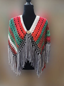 Fringe Jacket, Crochet Cape, Red, Grey, White, Brown and Green Poncho