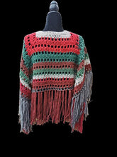Load image into Gallery viewer, Fringe Jacket, Crochet Cape, Red, Grey, White, Brown and Green Poncho