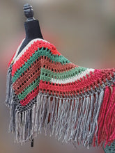 Load image into Gallery viewer, Fringe Jacket, Crochet Cape, Red, Grey, White, Brown and Green Poncho