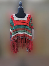Load image into Gallery viewer, Fringe Jacket, Crochet Cape, Red, Grey, White, Brown and Green Poncho