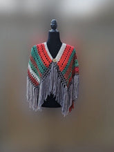 Load image into Gallery viewer, Fringe Jacket, Crochet Cape, Red, Grey, White, Brown and Green Poncho