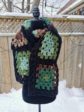 Load image into Gallery viewer, Long Green and Brown Scarf, Unisex Granny Square Scarf, Long Crochet Scarf
