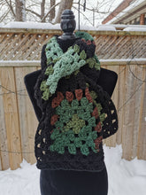 Load image into Gallery viewer, Long Green and Brown Scarf, Unisex Granny Square Scarf, Long Crochet Scarf
