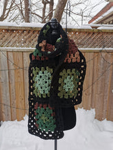 Load image into Gallery viewer, Long Green and Brown Scarf, Unisex Granny Square Scarf, Long Crochet Scarf