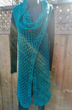 Load image into Gallery viewer, Teal Vest, Long Lacy Crochet Teal Duster