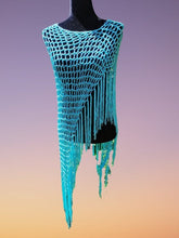 Load image into Gallery viewer, Ocean Blue Poncho - Diagonal Crochet Poncho with fringe