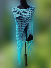 Load image into Gallery viewer, Ocean Blue Poncho - Diagonal Crochet Poncho with fringe