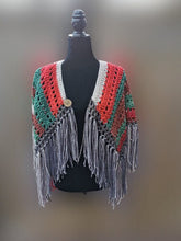 Load image into Gallery viewer, Fringe Jacket, Crochet Cape, Red, Grey, White, Brown and Green Poncho