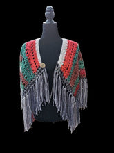 Load image into Gallery viewer, Fringe Jacket, Crochet Cape, Red, Grey, White, Brown and Green Poncho