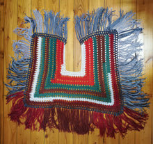 Load image into Gallery viewer, Fringe Jacket, Crochet Cape, Red, Grey, White, Brown and Green Poncho