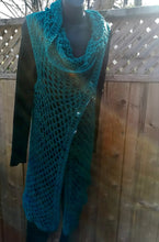Load image into Gallery viewer, Teal Vest, Long Lacy Crochet Teal Duster