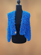 Load image into Gallery viewer, Crochet Blue and Gold Faux Fur Shawl, Crochet Cape