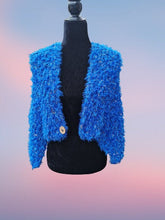 Load image into Gallery viewer, Crochet Blue and Gold Faux Fur Shawl, Crochet Cape