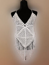 Load image into Gallery viewer, 1970&#39;s White Granny Square Crop Top with Fringe, White Beach Top, Crochet Festival Top
