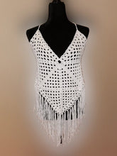 Load image into Gallery viewer, 1970's White Granny Square Crop Top with Fringe, White Beach Top, Crochet Festival Top
