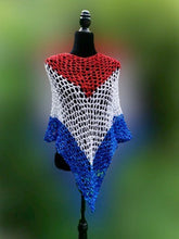 Load image into Gallery viewer, Red, White and Blue Diagonal Crochet Poncho