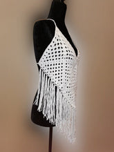 Load image into Gallery viewer, 1970's White Granny Square Crop Top with Fringe, White Beach Top, Crochet Festival Top