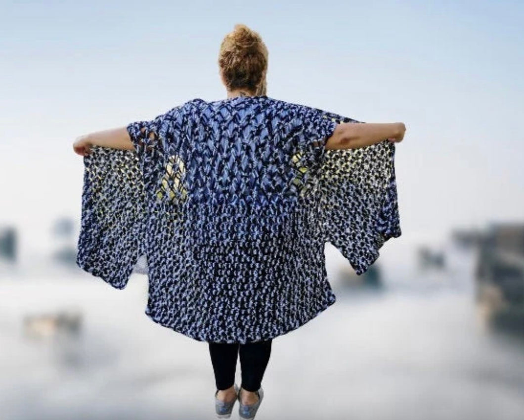 Grey, white and black Kimono, Crochet  Vest, Shells & Diamonds Ruana